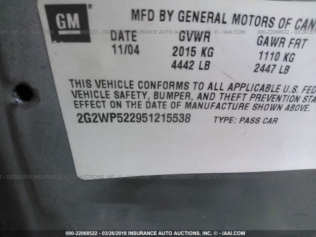 2G2WP522951215538 - 2005 PONTIAC GRAND PRIX ნაცრისფერი ფოტო 9