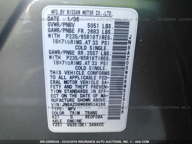 JN8AZ08W86W524266 - 2006 NISSAN MURANO SL/SE/S SILVER photo 9