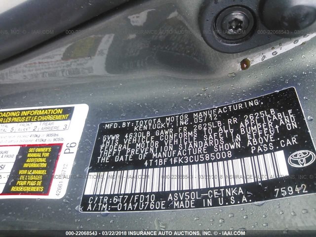 4T1BF1FK3CU585008 - 2012 TOYOTA CAMRY SE/LE/XLE GREEN photo 9