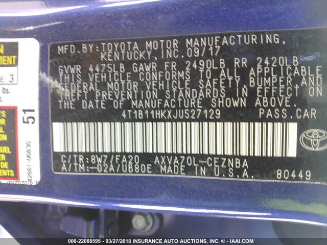 4T1B11HKXJU527129 - 2018 TOYOTA CAMRY L/LE/XLE/SE/XSE BLUE photo 9