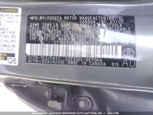 2T1BR32E85C436052 - 2005 TOYOTA COROLLA CE/LE/S GRAY photo 9