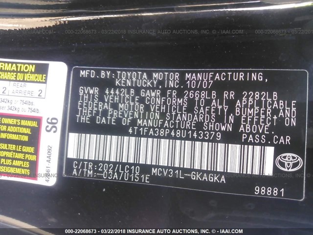 4T1FA38P48U143379 - 2008 TOYOTA CAMRY SOLARA SE/SLE/SPORT BLACK photo 9