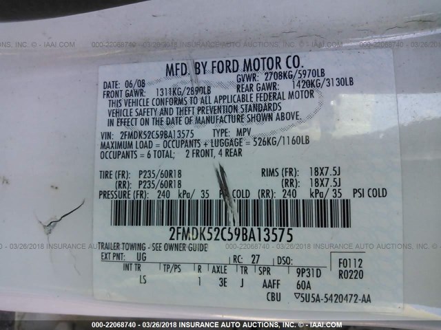 2FMDK52C59BA13575 - 2009 FORD FLEX SEL WHITE photo 9