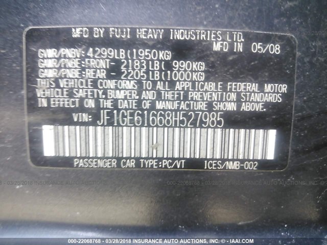 JF1GE61668H527985 - 2008 SUBARU IMPREZA 2.5I GRAY photo 9