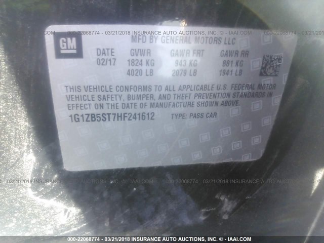 1G1ZB5ST7HF241612 - 2017 CHEVROLET MALIBU LS 黑色 照片 9