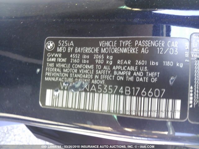 WBANA53574B176607 - 2004 BMW 525 I BLUE photo 9