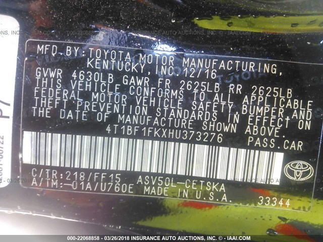 4T1BF1FKXHU373276 - 2017 TOYOTA CAMRY LE/XLE/SE/XSE Noir photo 9