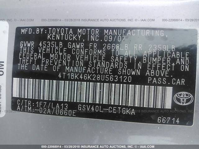 4T1BK46K28U563120 - 2008 TOYOTA CAMRY LE/XLE/SE 灰色 照片 9