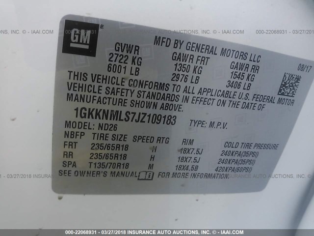 1GKKNMLS7JZ109183 - 2018 GMC ACADIA SLT-1 Biały zdjęcie 9