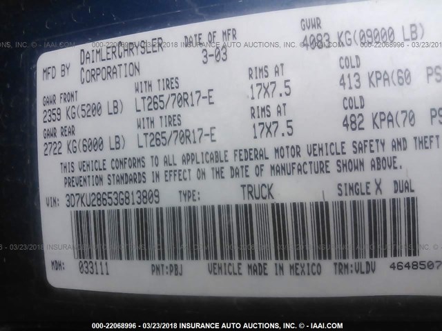 3D7KU28653G813809 - 2003 DODGE RAM 2500 ST/SLT 蓝色 照片 9