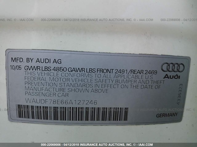 WAUDF78E66A127246 - 2006 AUDI A4 2.0T QUATTRO WHITE photo 9