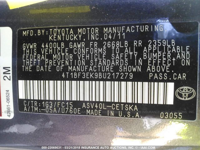 4T1BF3EK9BU217279 - 2011 TOYOTA CAMRY SE/LE/XLE GRAY photo 9