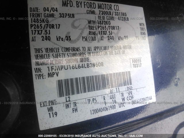 1FMPU16L64LB39608 - 2004 FORD EXPEDITION XLT მუქი ლურჯი ფოტო 9