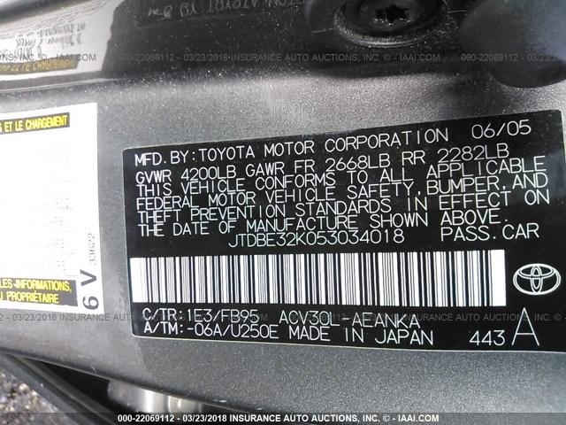 JTDBE32K053034018 - 2005 TOYOTA CAMRY LE/XLE/SE GRAY photo 9