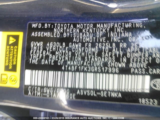 4T4BF1FK3GR517996 - 2016 TOYOTA CAMRY LE/XLE/SE/XSE Dark Blue photo 9