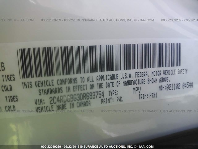 2C4RDGBG3DR693754 - 2013 DODGE GRAND CARAVAN SE WHITE photo 9