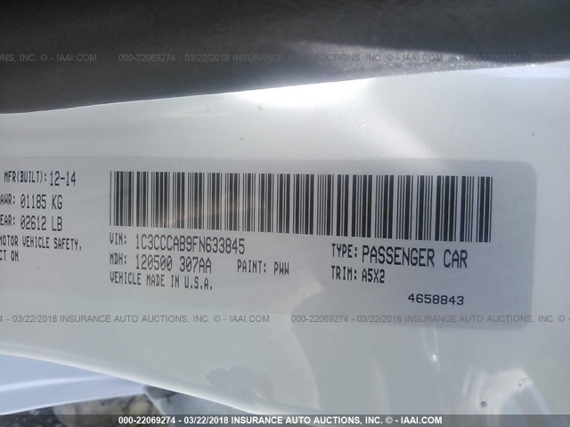 1C3CCCAB9FN633845 - 2015 CHRYSLER 200 LIMITED WHITE photo 9