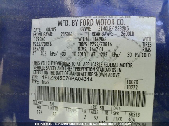 1FTZR45E76PA04314 - 2006 FORD RANGER SUPER CAB BLUE photo 9