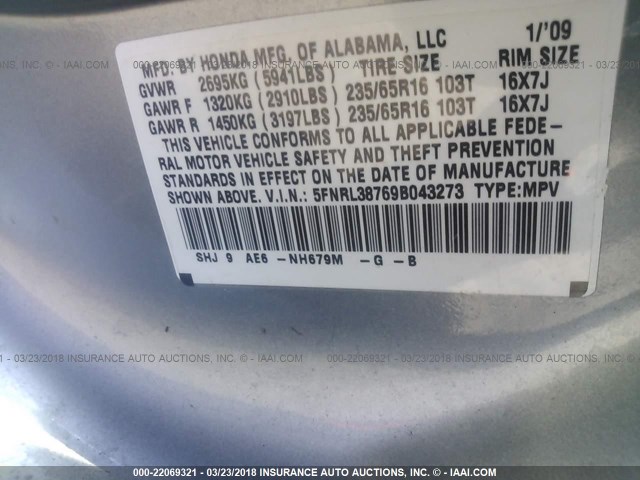 5FNRL38769B043273 - 2009 HONDA ODYSSEY EXL Light Blue photo 9