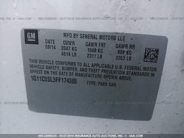 1G11C5SL3FF174305 - 2015 CHEVROLET MALIBU 1LT თეთრი ფოტო 9