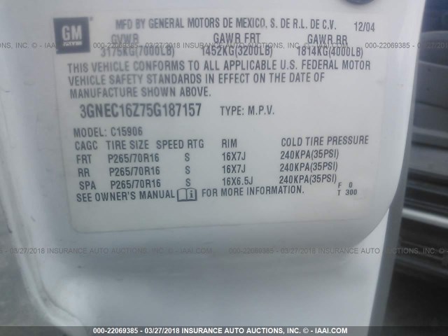 3GNEC16Z75G187157 - 2005 CHEVROLET SUBURBAN C1500 WHITE photo 9