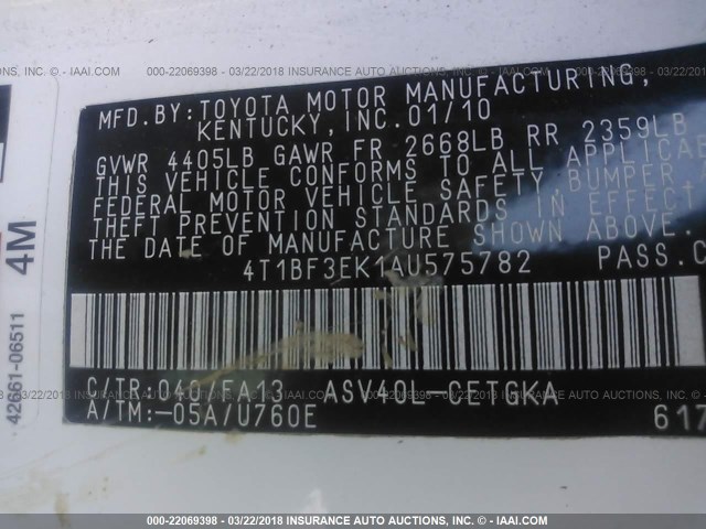 4T1BF3EK1AU575782 - 2010 TOYOTA CAMRY SE/LE/XLE WHITE photo 9