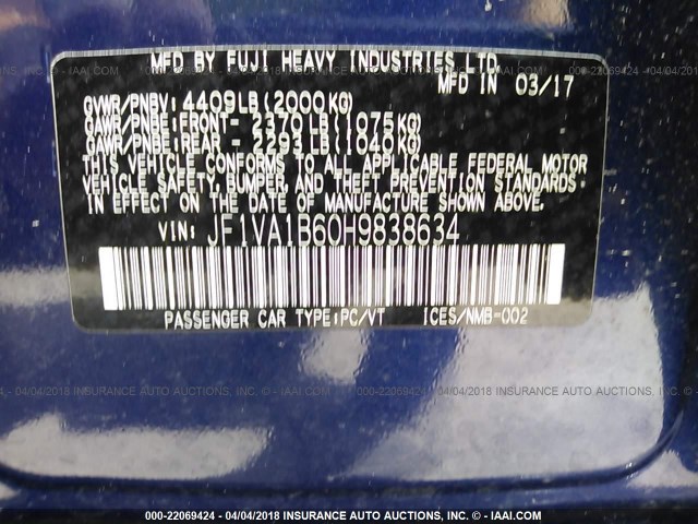 JF1VA1B60H9838634 - 2017 SUBARU WRX Dark Blue photo 9