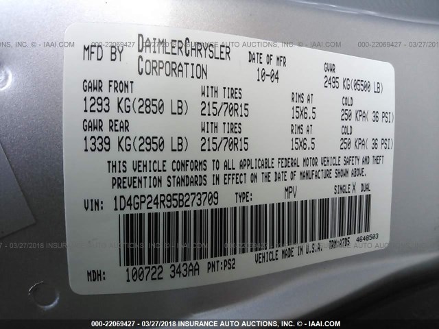 1D4GP24R95B273709 - 2005 DODGE GRAND CARAVAN SE GRAY photo 9