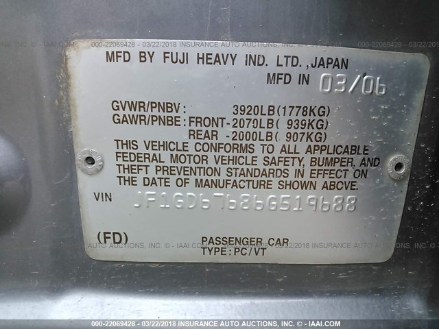 JF1GD67686G519688 - 2006 SUBARU IMPREZA 2.5I GRAY photo 9