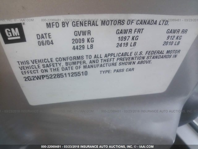 2G2WP522851125510 - 2005 PONTIAC GRAND PRIX SILVER photo 9
