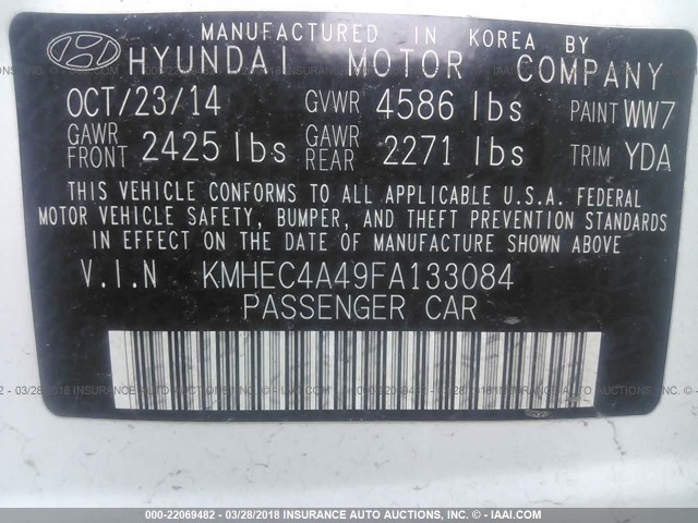 KMHEC4A49FA133084 - 2015 HYUNDAI SONATA HYBRID/LIMITED WHITE photo 9