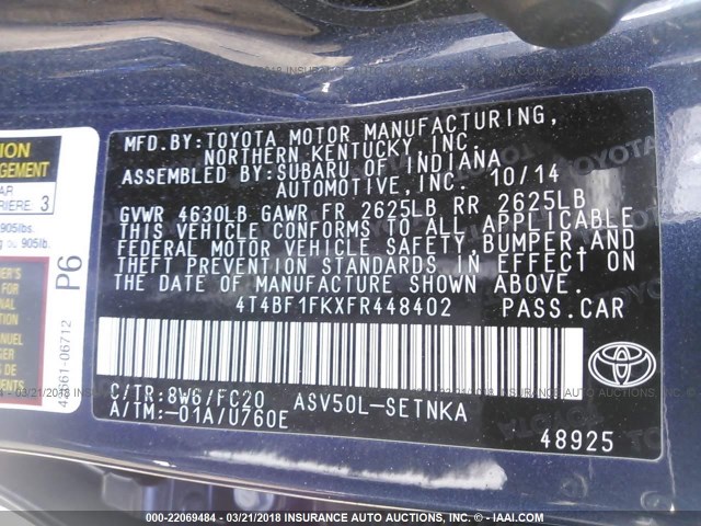 4T4BF1FKXFR448402 - 2015 TOYOTA CAMRY LE/XLE/SE/XSE Schwarz Foto 9