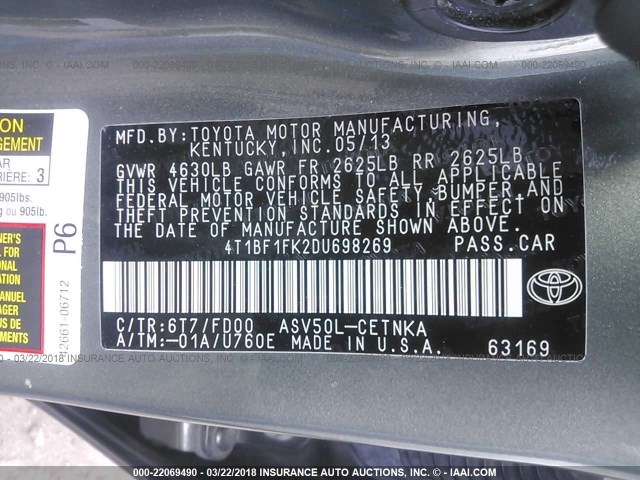 4T1BF1FK2DU698269 - 2013 TOYOTA CAMRY L/SE/LE/XLE GRAY photo 9