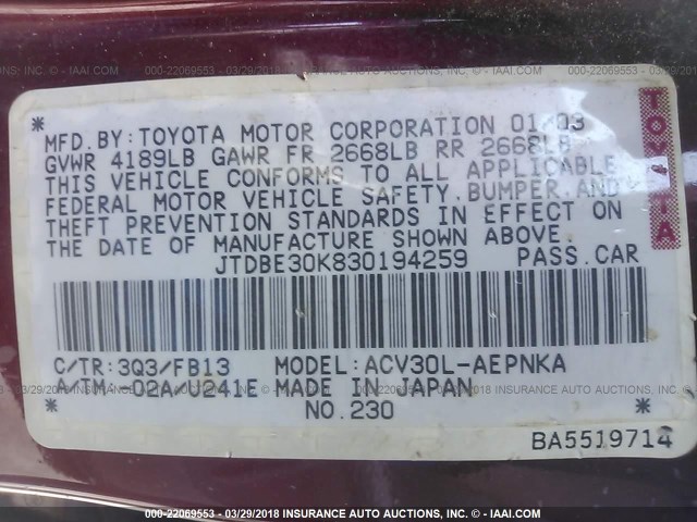 JTDBE30K830194259 - 2003 TOYOTA CAMRY LE/XLE BURGUNDY photo 9