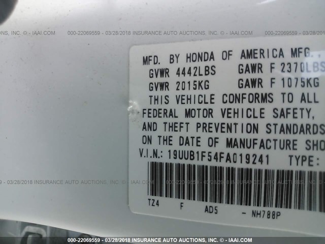 19UUB1F54FA019241 - 2015 ACURA TLX TECH WHITE photo 9