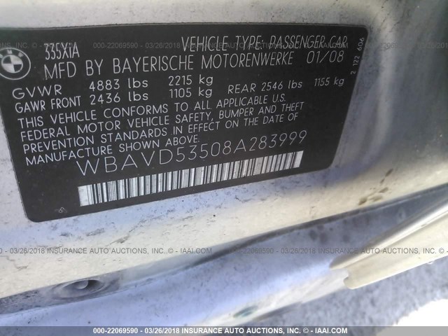 WBAVD53508A283999 - 2008 BMW 335 XI SILVER photo 9