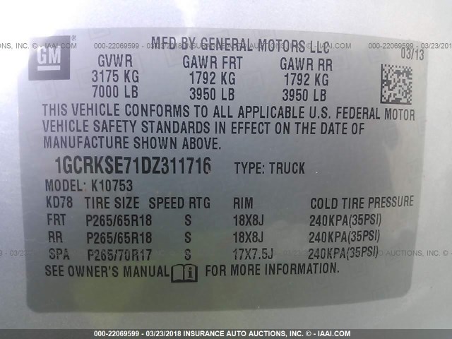 1GCRKSE71DZ311716 - 2013 CHEVROLET SILVERADO K1500 LT SILVER photo 9