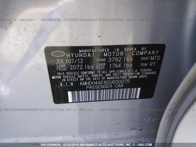 KMHDH4AE8DU600075 - 2013 HYUNDAI ELANTRA GLS/LIMITED SILVER photo 9