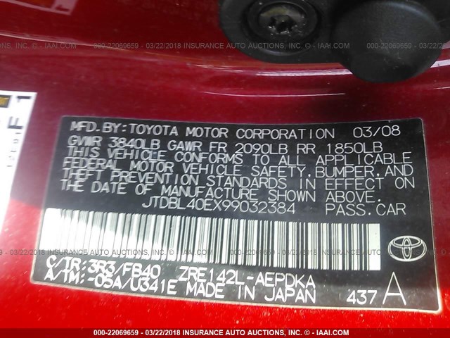 JTDBL40EX99032384 - 2009 TOYOTA COROLLA LE/XLE RED photo 9
