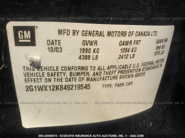 2G1WX12K849219545 - 2004 CHEVROLET MONTE CARLO SS შავი ფოტო 9