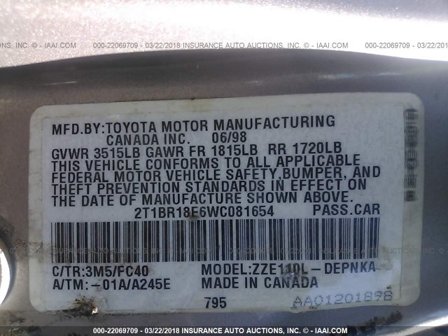 2T1BR18E6WC081654 - 1998 TOYOTA COROLLA VE/CE/LE 香槟色 照片 9