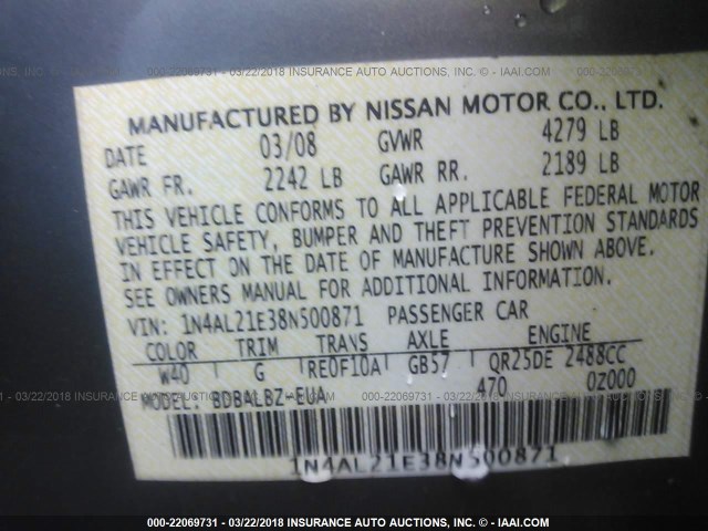 1N4AL21E38N500871 - 2008 NISSAN ALTIMA 2.5/2.5S GRAY photo 9