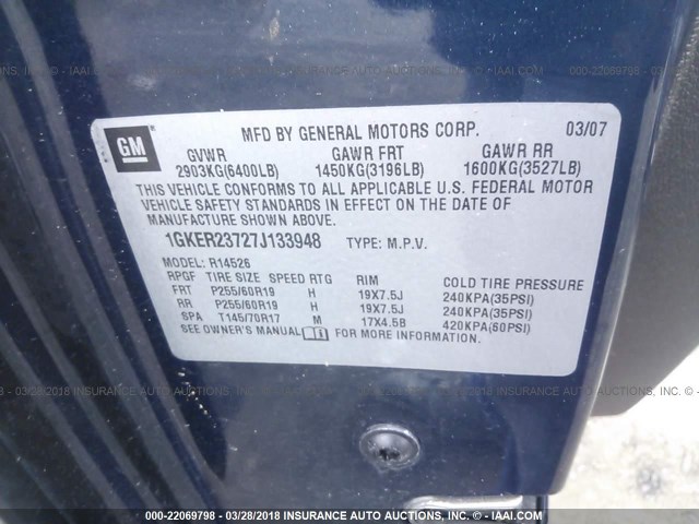 1GKER23727J133948 - 2007 GMC ACADIA SLT-1 Azul foto 9