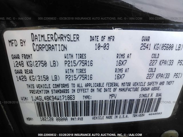 1J4GL48K94W171863 - 2004 JEEP LIBERTY SPORT 黑色 照片 9