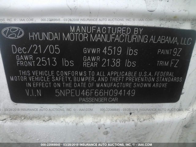 5NPEU46F66H094149 - 2006 HYUNDAI SONATA GLS/LX WHITE photo 9