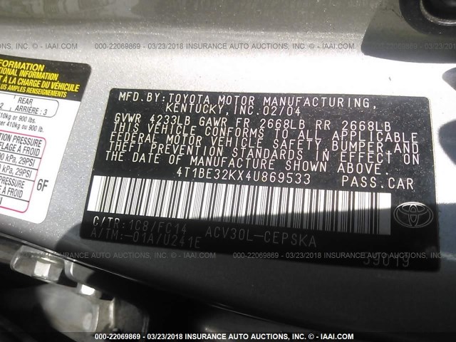 4T1BE32KX4U869533 - 2004 TOYOTA CAMRY LE/XLE/SE SILVER photo 9