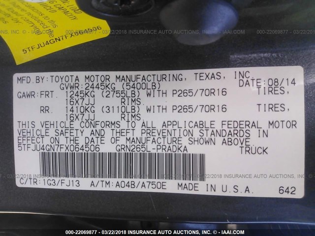 5TFJU4GN7FX064506 - 2015 TOYOTA TACOMA DOUBLE CAB PRERUNNER BLACK photo 9