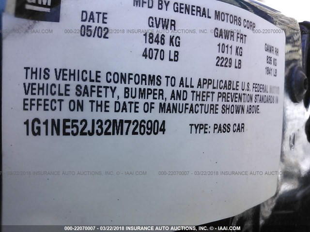 1G1NE52J32M726904 - 2002 CHEVROLET MALIBU LS GREEN photo 9