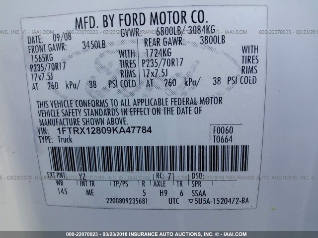 1FTRX12809KA47784 - 2009 FORD F150 SUPER CAB WHITE photo 9