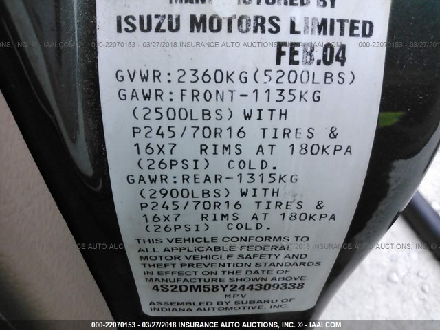 4S2DM58Y244309338 - 2004 ISUZU RODEO S GREEN photo 9